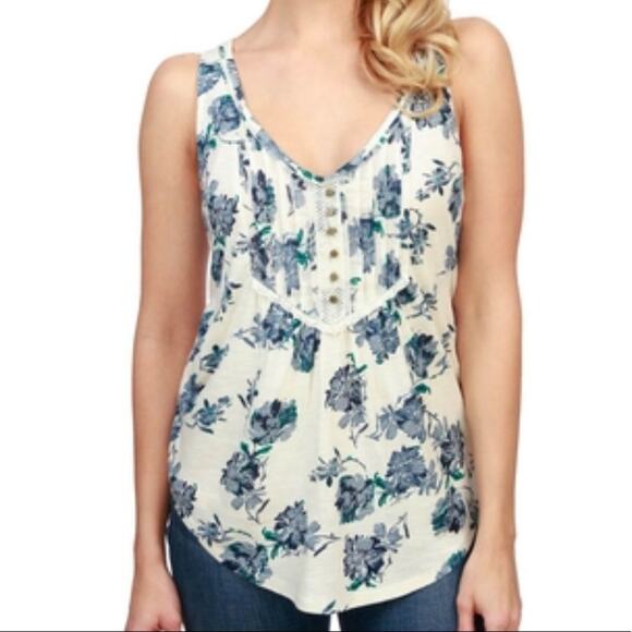Lucky Brand Women's Blue/White Floral Lace Trim Pin Tuck Button Front Tank sz XS - Picture 1 of 5